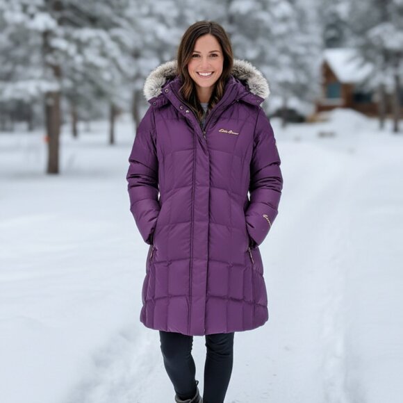 Eddie Bauer Long Down Puffer Parka Plum |Faux Fur Hood Winter Coat- XL - Picture 1 of 11